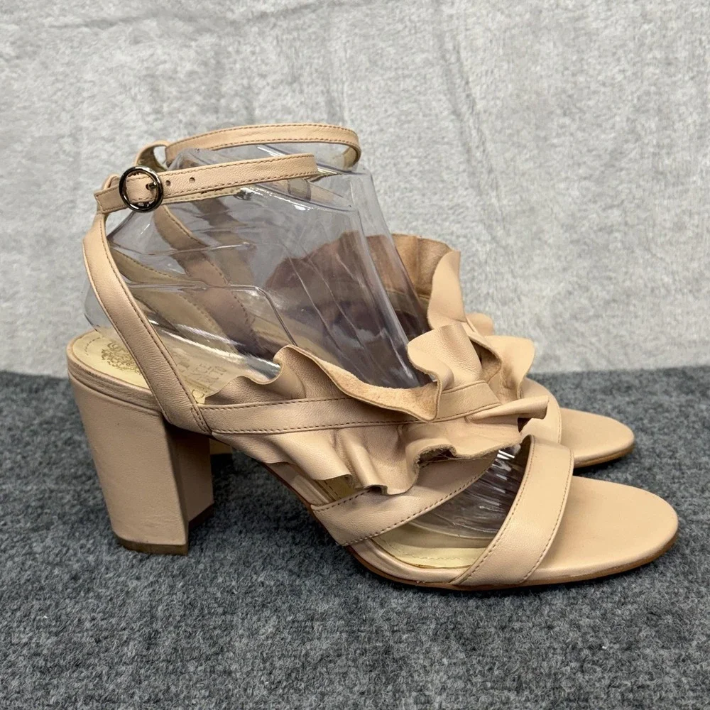 Vince Camuto‎ Sandals Womens Size 10 Beige Leather Ruffle Block Heel Ankle Strap
